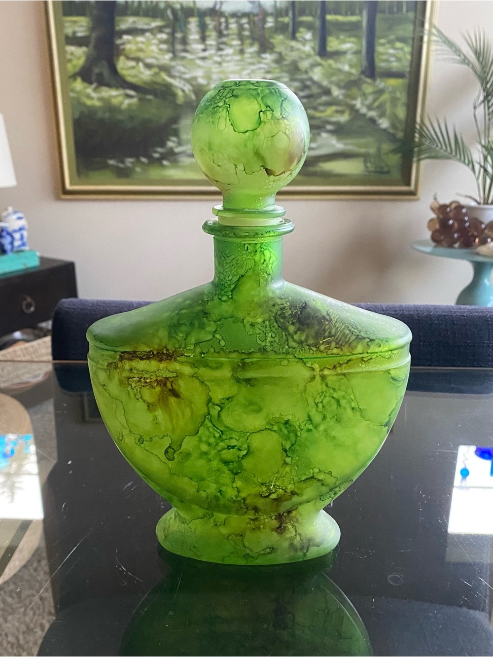 VTG 60s Modello Depositato Mod Dep Green Glass Decanter w Stopper MCM 9.5”